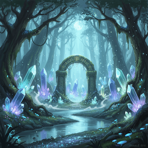 Ethereal mystical forest with glowing crystals and ancient archway