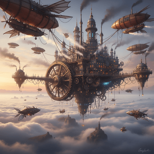 Steampunk flying city above a sea of clouds with airships